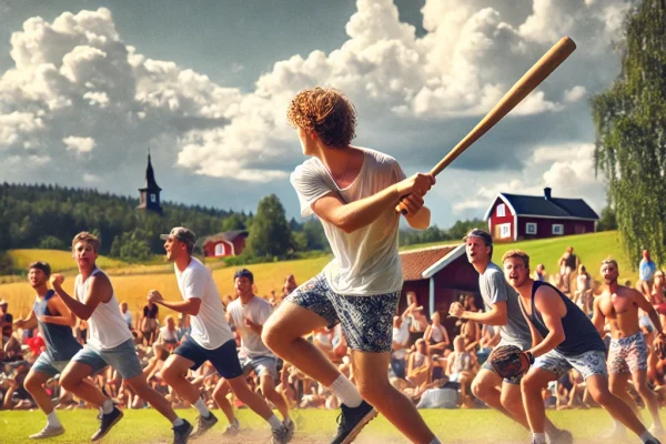DALL·E 2025-03-11 16.03.41 - A lively Rännboll game in progress on a grassy field in Sweden. Players in casual sportswear are actively running between bases while a batter swings