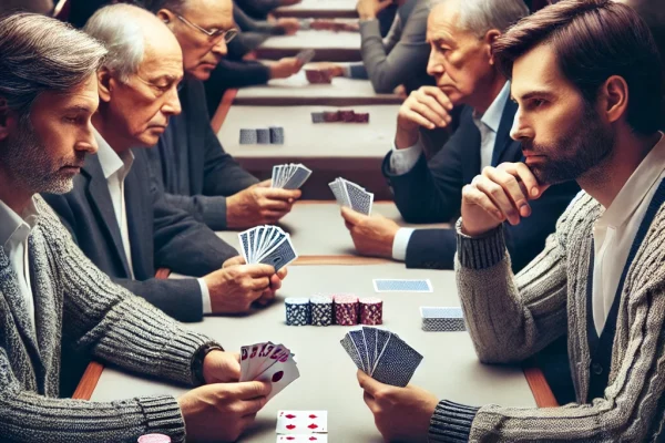 DALL·E 2025-03-11 16.04.51 - A competitive Bridge card game in progress, featuring four players seated around a table with cards in hand. The players display focused expressions,