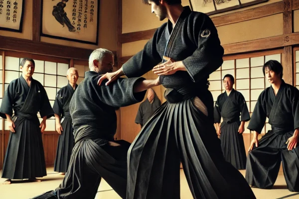 DALL·E 2025-03-11 16.06.23 - A traditional Bujinkan martial arts training session, featuring practitioners in black gi uniforms performing Ninjutsu techniques. The scene is set in