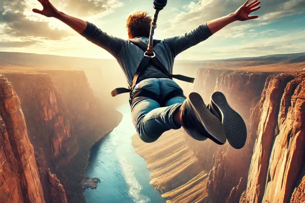 DALL·E 2025-03-11 16.07.40 - A thrilling Bungee Jumping scene featuring a person mid-air after leaping off a high bridge. The jumper is fully extended by the bungee cord, arms spr
