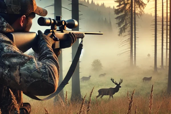DALL·E 2025-03-11 16.15.23 - A professional sports hunting scene featuring a hunter in camouflage gear aiming with a scoped rifle in a dense forest at dawn. The background include