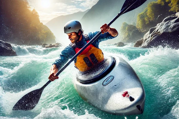 DALL·E 2025-03-11 16.17.08 - A thrilling kayaking adventure featuring a professional kayaker navigating through rapid whitewater currents. The athlete is wearing a helmet and life