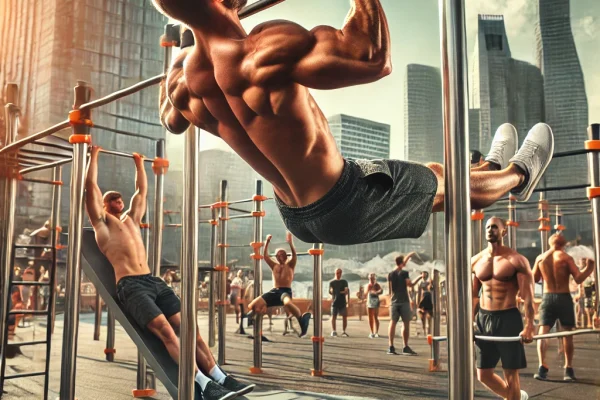 DALL·E 2025-03-11 16.19.00 - A high-energy Calisthenics workout session in an outdoor fitness park. A muscular athlete is performing a perfect muscle-up on a pull-up bar, displayi