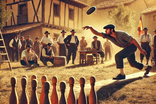 DALL·E 2025-03-11 16.20.05 - A traditional Calva game in progress, featuring a player in mid-throw aiming a heavy cylindrical object at a wooden pin. The setting is an open field