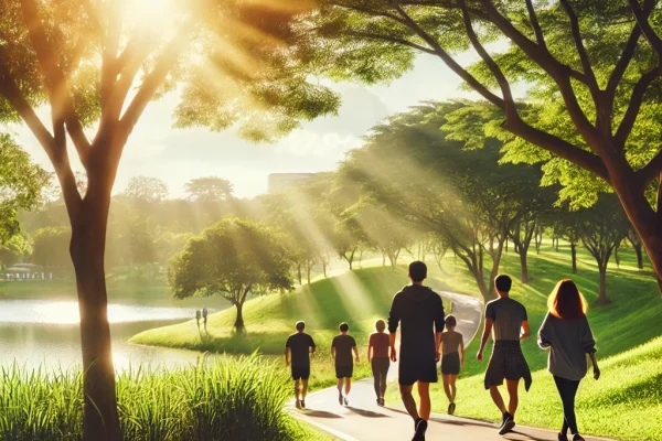 DALL·E 2025-03-11 16.21.47 - A peaceful outdoor walking scene featuring a group of people walking along a scenic park trail surrounded by lush greenery. The participants, dressed