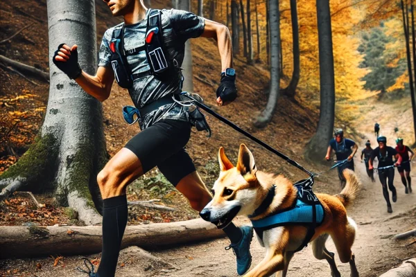 DALL·E 2025-03-11 16.22.49 - A thrilling Canicross race in progress, featuring a runner and their energetic dog sprinting through a forest trail. The athlete is wearing a professi