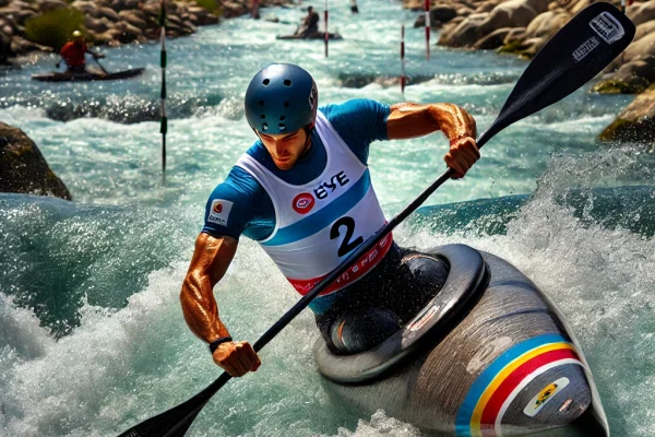 DALL·E 2025-03-11 16.28.29 - A professional canoeing competition in action, featuring an athlete paddling powerfully through a river. The competitor is wearing a life vest and hel