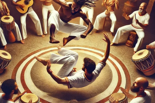 DALL·E 2025-03-11 16.30.10 - A dynamic Capoeira roda in action, featuring two skilled capoeiristas performing acrobatic movements inside a circle of musicians and spectators. The