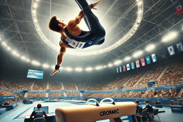 DALL·E 2025-03-11 16.31.50 - A professional gymnast performing a complex routine on the pommel horse (Cavalo com Alças) during a gymnastics competition. The athlete is executing a