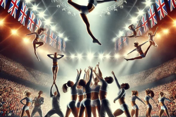 DALL·E 2025-03-11 16.33.03 - A high-energy Cheerleading performance featuring a team of cheerleaders executing a synchronized stunt routine. The scene captures a flyer mid-air bei