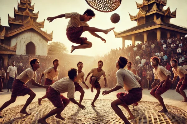 DALL·E 2025-03-11 16.33.57 - A traditional Chinlone game in progress, featuring skilled players in a circular formation, keeping a woven rattan ball in the air using only their fe