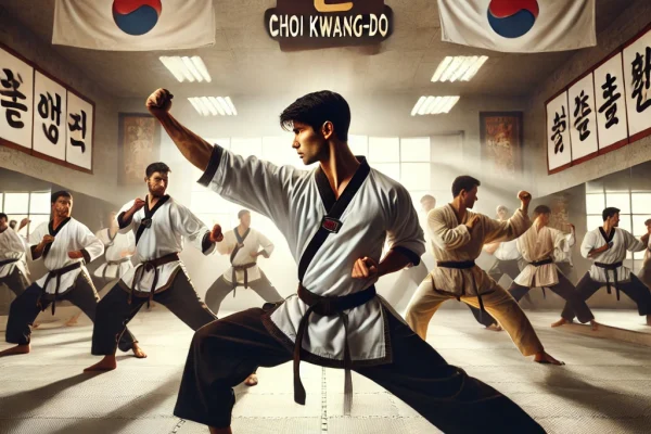 DALL·E 2025-03-11 16.35.49 - A dynamic Choi Kwang-Do martial arts training session, featuring practitioners in traditional uniforms performing powerful, fluid strikes and defensiv