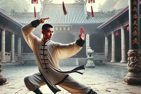 DALL·E 2025-03-11 16.37.46 - A traditional Chuang Fa martial arts demonstration in an ancient Chinese temple courtyard. A skilled martial artist, dressed in a flowing Kung Fu unif