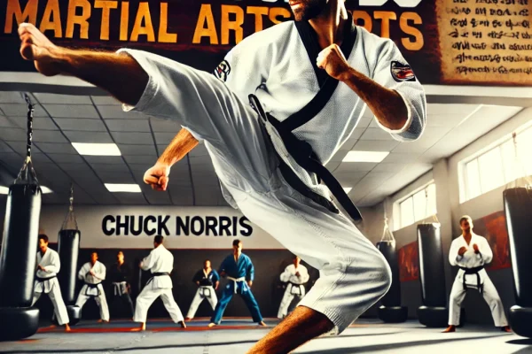 DALL·E 2025-03-11 16.39.40 - A dynamic Chun Kuk Do martial arts training session, featuring a skilled martial artist executing a powerful roundhouse kick in a professional dojo. T