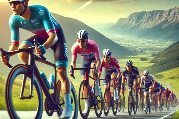 DALL·E 2025-03-11 16.40.59 - A professional cycling race in action, featuring a group of cyclists in colorful jerseys sprinting down a scenic road. The leading rider is pushing ah