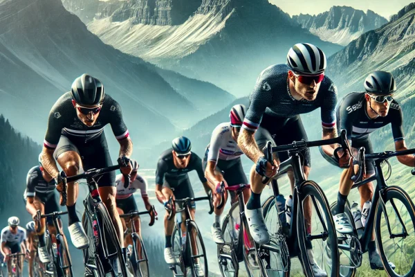 DALL·E 2025-03-11 16.42.38 - A high-energy road cycling race in progress, featuring a group of professional cyclists pedaling intensely on a winding mountain road. The leading rid