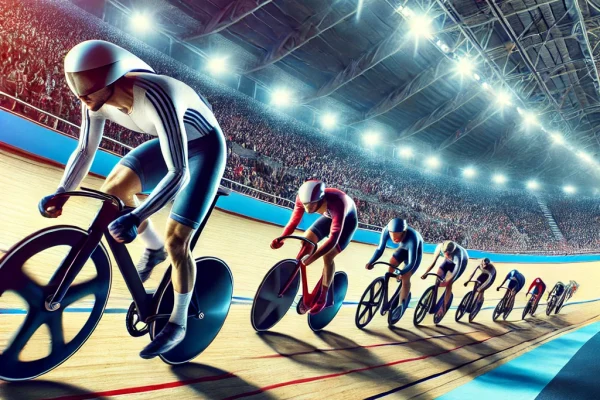 DALL·E 2025-03-11 16.43.54 - A high-speed track cycling race in a professional velodrome, featuring cyclists in aerodynamic gear sprinting around the steeply banked wooden track.