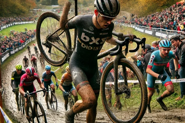DALL·E 2025-03-11 16.45.24 - A competitive cyclo-cross race in progress, featuring cyclists navigating a muddy, off-road track with steep hills and obstacles. One rider is seen ca