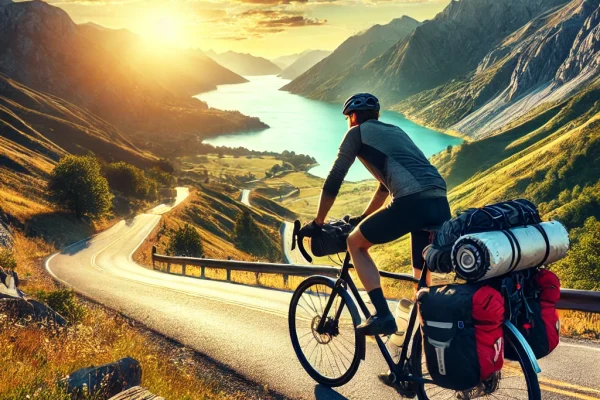 DALL·E 2025-03-11 16.46.35 - A scenic bike touring (Cicloturismo) adventure, featuring a cyclist riding along a winding mountain road with a breathtaking view of valleys and lakes