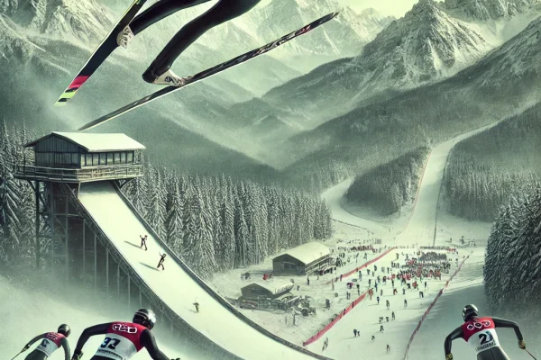 DALL·E 2025-03-11 16.47.51 - A thrilling Nordic Combined competition in progress, featuring an athlete soaring through the air in a ski jumping event with a snowy mountain backdro