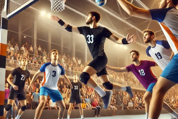 DALL·E 2025-03-11 16.48.47 - A competitive Korfball (Corfebol) match in action, featuring mixed-gender teams playing on an indoor court. One player is attempting a precise shot in