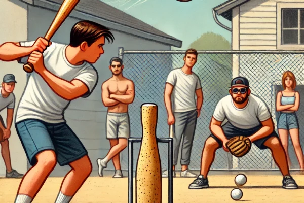 DALL·E 2025-03-11 16.49.41 - A competitive Corkball game in progress, featuring players on a small baseball-like field. A batter is preparing to hit a pitch using a thinner bat wh