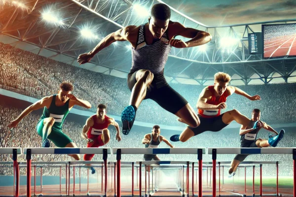 DALL·E 2025-03-11 16.51.21 - A high-speed hurdles race in progress at a professional track and field stadium. Elite athletes are sprinting and leaping over barriers with perfect f