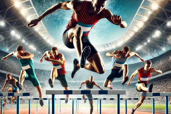 DALL·E 2025-03-11 16.52.49 - A high-energy steeplechase (Corrida com Obstáculos) race in progress at a professional track and field stadium. Elite athletes are sprinting and leapi
