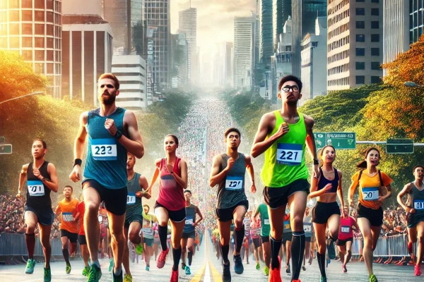 DALL·E 2025-03-11 16.55.55 - A vibrant city road race in progress, featuring a diverse group of runners sprinting through a scenic urban street. The athletes wear colorful race bi