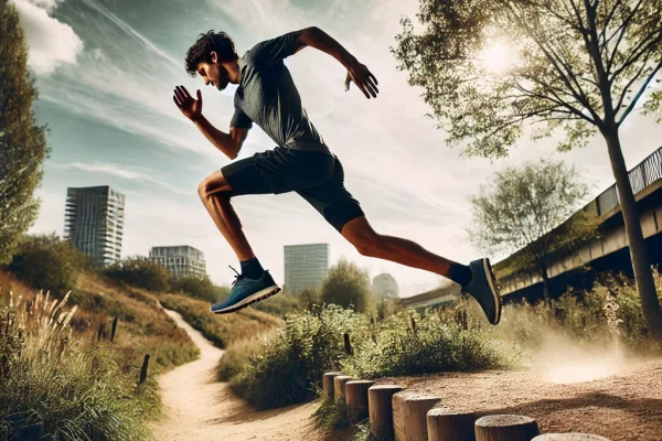 DALL·E 2025-03-11 16.59.24 - A dynamic free running scene in an outdoor urban park, featuring a runner effortlessly navigating through natural terrain, jumping over obstacles and