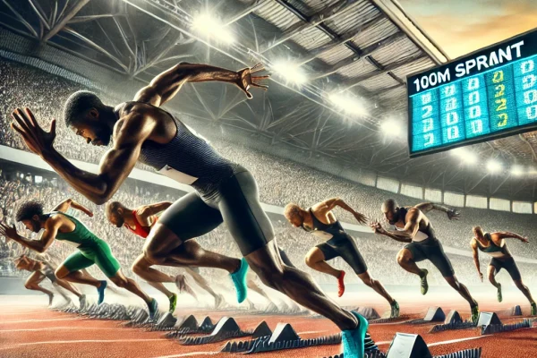 DALL·E 2025-03-11 17.12.01 - A high-speed sprint race in progress at a professional track and field stadium. Elite athletes are exploding out of the starting blocks, sprinting dow