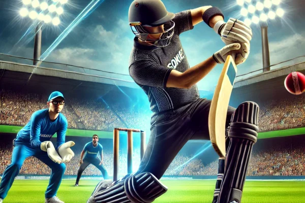 DALL·E 2025-03-11 17.16.28 - A professional cricket match in action, featuring a batsman in full gear swinging his bat to hit the ball while the bowler and wicketkeeper watch inte