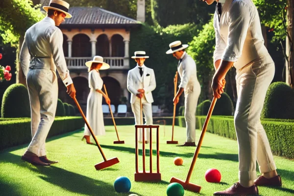 DALL·E 2025-03-11 17.17.53 - A traditional croquet game in progress on a well-manicured lawn, featuring players dressed in classic white attire using wooden mallets to strike colo