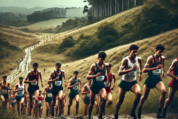 DALL·E 2025-03-11 17.25.38 - A competitive cross country race in progress, featuring athletes running through a rugged natural trail with hills, mud, and grassy terrain. The runne