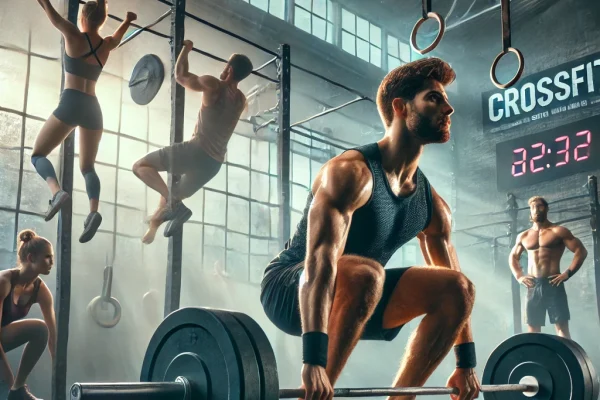 DALL·E 2025-03-11 17.27.52 - A high-intensity CrossFit workout in progress at a professional gym (box), featuring athletes performing functional movements. One athlete is lifting