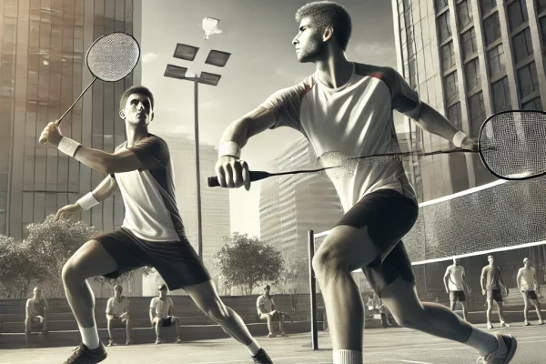 DALL·E 2025-03-11 17.29.22 - A fast-paced Crossminton (Speed Badminton) match in progress, featuring two athletes engaged in a high-energy rally. The players are positioned on sep