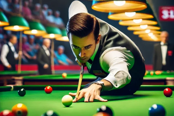DALL·E 2025-03-11 17.31.00 - A professional Cue Sports (billiards) match in progress, featuring a player in deep concentration lining up a precise shot on a snooker table. The gre