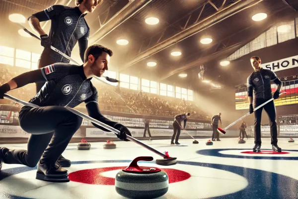 DALL·E 2025-03-11 17.32.10 - A professional curling match in progress, featuring players skillfully sliding a granite stone across the ice towards the target area (house). Two tea