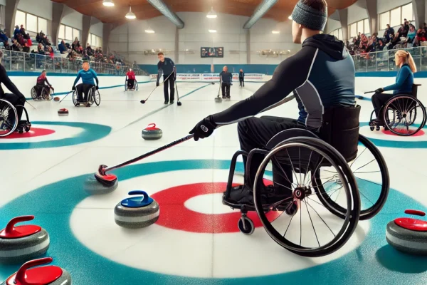 DALL·E 2025-03-11 17.33.22 - A professional wheelchair curling match in progress, featuring athletes in wheelchairs skillfully delivering curling stones across the ice towards the