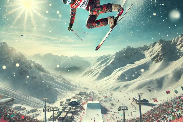 DALL·E 2025-03-13 22.51.39 - A thrilling Freestyle Skiing competition in progress, featuring an elite skier soaring through the air performing an acrobatic trick against a snowy m