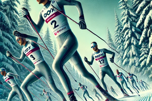 DALL·E 2025-03-13 22.52.51 - A competitive Cross-Country Skiing race in progress, featuring elite athletes gliding through a snowy forest trail. The skiers use their poles to prop