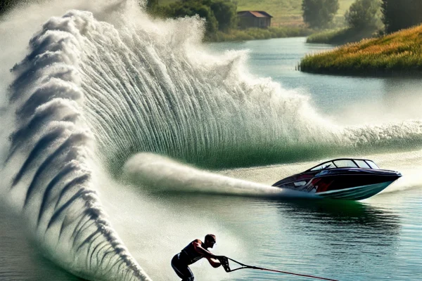 DALL·E 2025-03-13 22.54.05 - A high-speed Water Skiing competition in progress, featuring an athlete skillfully gliding across the water while being towed by a speedboat. The skie