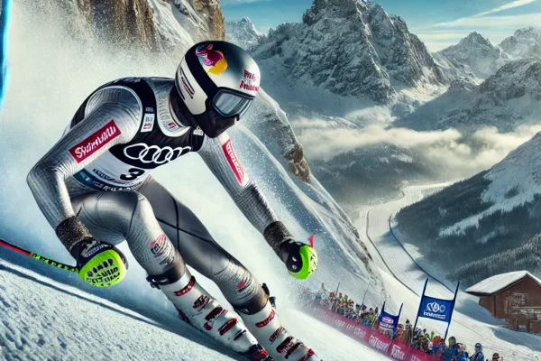 DALL·E 2025-03-13 22.55.02 - A high-speed Alpine Skiing competition in progress, featuring an elite skier racing down a steep, snow-covered mountain slope. The athlete is leaning