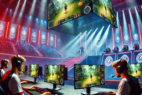 DALL·E 2025-03-13 22.55.59 - A high-energy esports tournament in progress, featuring professional gamers intensely focused on their screens while playing in a competitive gaming a