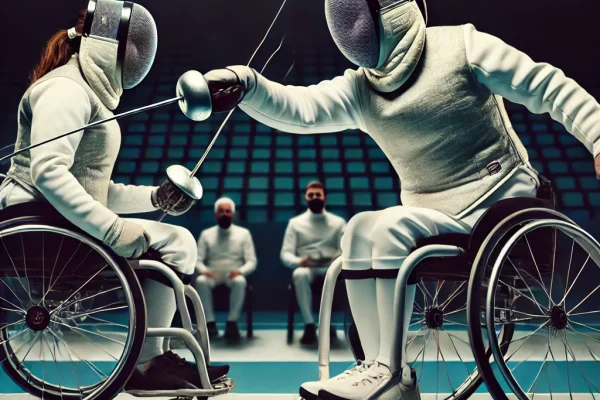 DALL·E 2025-03-13 22.57.01 - A professional Wheelchair Fencing match in progress, featuring two athletes in wheelchairs engaged in a fast-paced duel. They are dressed in full fenc
