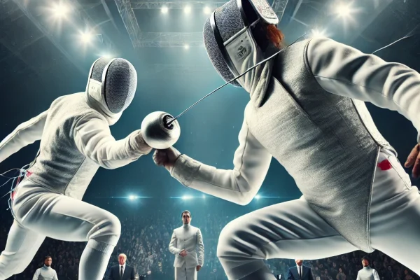 DALL·E 2025-03-13 22.57.53 - A professional fencing match in progress, featuring two athletes dressed in full fencing gear, including white uniforms and protective masks. One fenc
