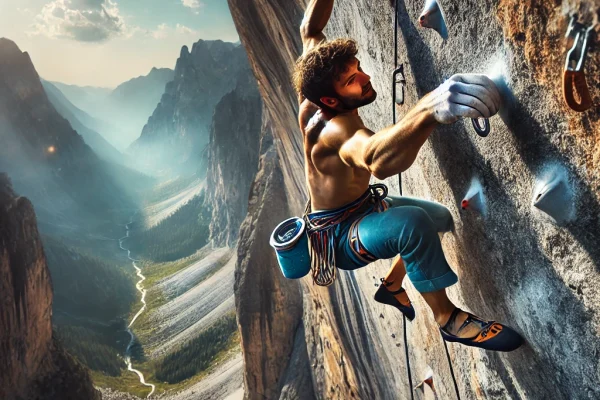 DALL·E 2025-03-13 22.58.46 - A professional rock climbing competition in progress, featuring an elite climber scaling a steep, rugged cliffside with precision and strength. The at