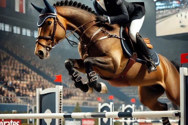 DALL·E 2025-03-13 22.59.48 - A professional equestrian competition in progress, featuring a skilled rider guiding their horse over a high show-jumping obstacle. The athlete is dre