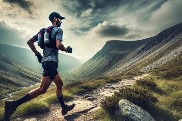 DALL·E 2025-03-13 23.00.47 - A professional endurance race in progress, featuring an athlete running through a rugged trail in a mountainous landscape. The runner is equipped with