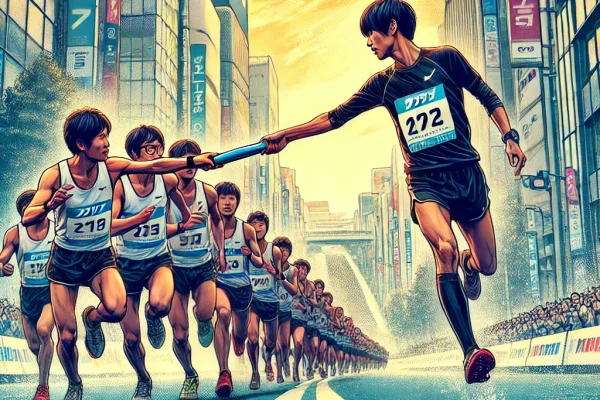 DALL·E 2025-03-13 23.03.04 - A high-energy Ekiden relay race in progress, featuring a group of runners in a long-distance road race. One athlete is passing the tasuki (sash) to a